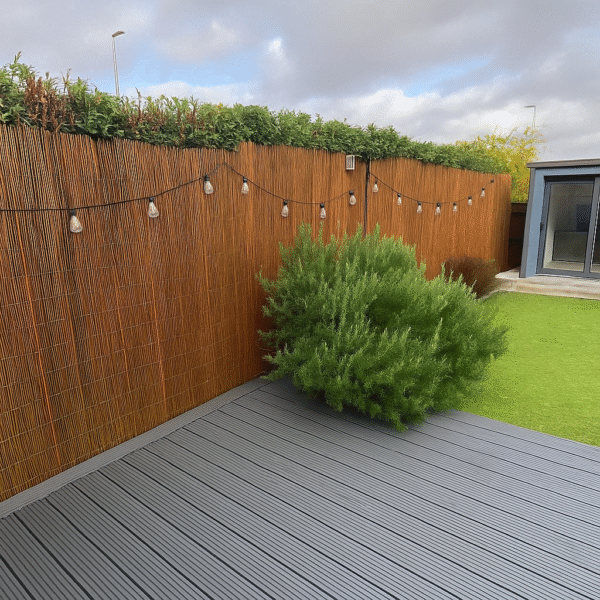 Close-up of natural willow fencing rolls used for garden screening or privacy fences.